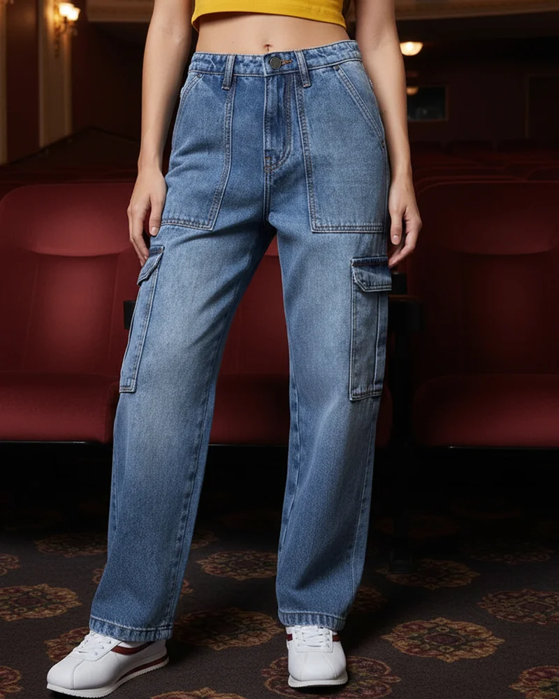 بيواكوف Women's Blue Washed Straight Fit Cargo Jeans